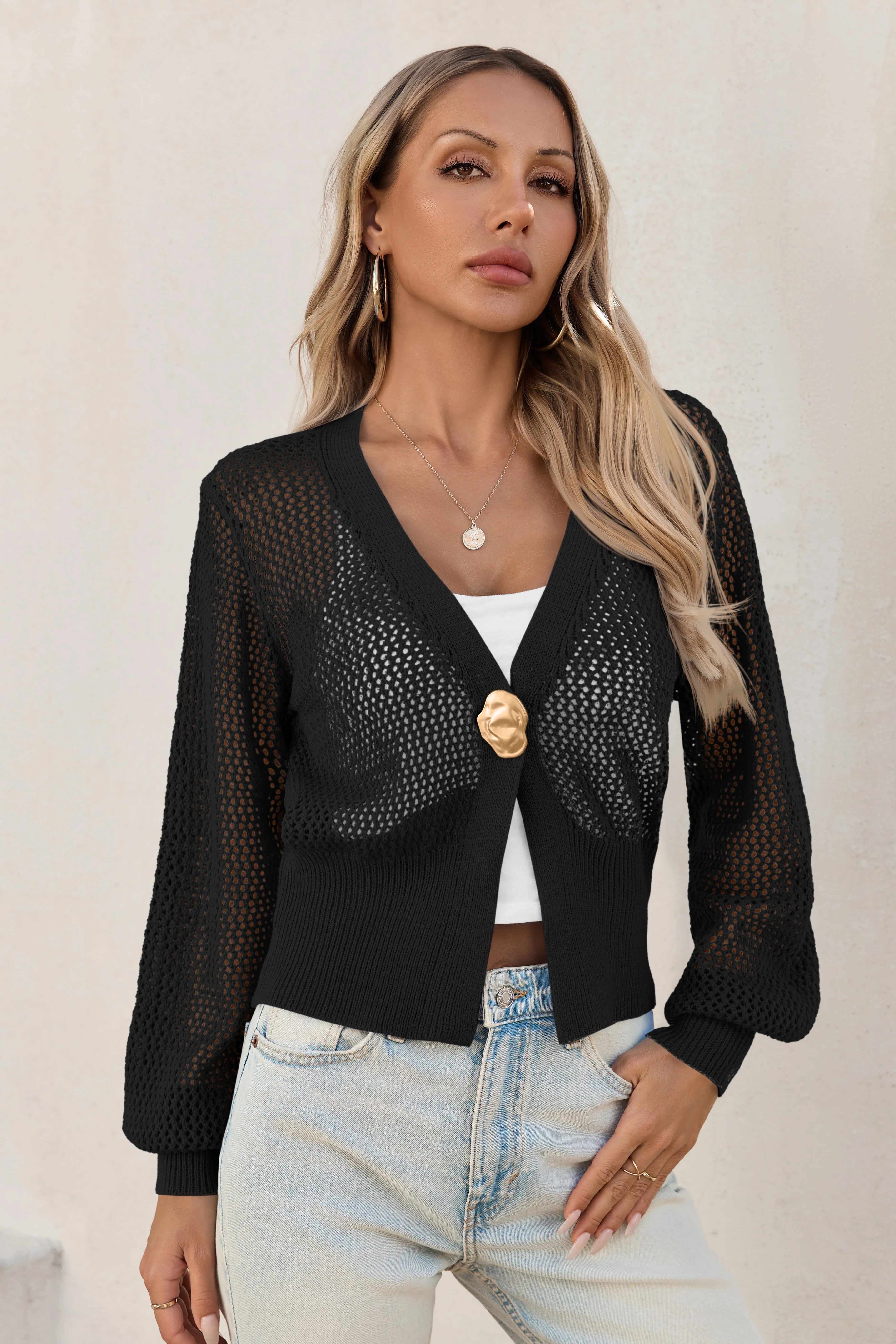 Cicy Bell Womens Black Cropped Crochet Cardigans