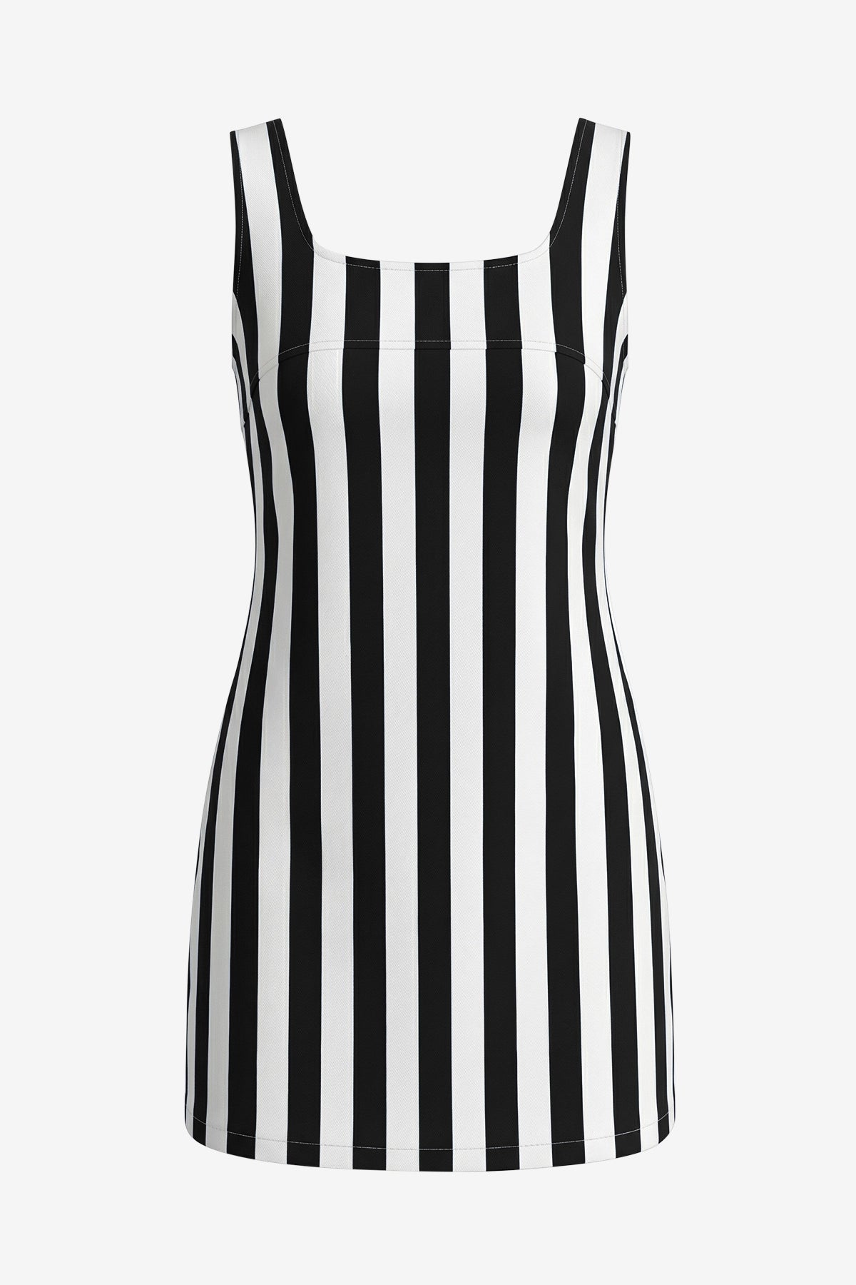 CicyBell Women's Striped Denim Mini Dress featuring a classic sleeveless U-neck and form-fitting silhouette. This premium stretch denim summer dress includes functional side pockets and a discreet side zipper for an effortlessly chic look.