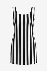 CicyBell Women's Striped Denim Mini Dress featuring a classic sleeveless U-neck and form-fitting silhouette. This premium stretch denim summer dress includes functional side pockets and a discreet side zipper for an effortlessly chic look.