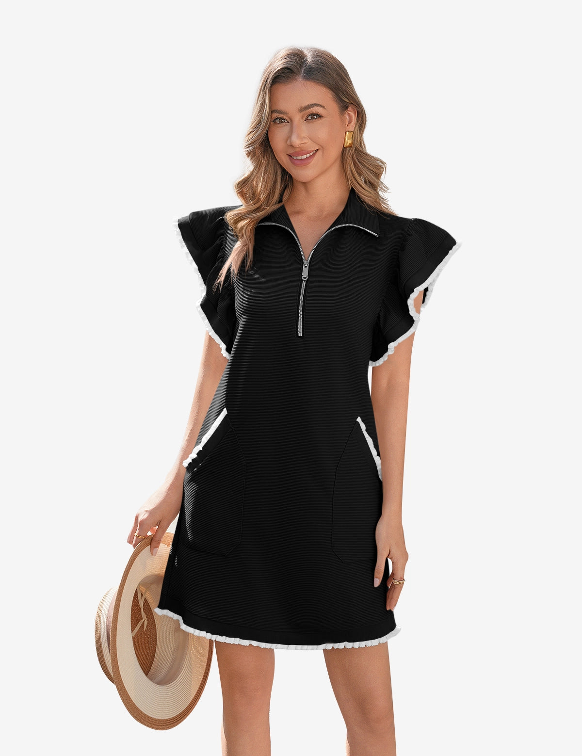 CicyBell Women's Black Ruffle Cap Sleeve Dress featuring a trendy zipper V-neck and a casual mini silhouette. This sporty sweatshirt-style dress offers an oversized, breezy look perfect for summer vacations or errands.