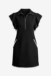 CicyBell Women's Black Ruffle Cap Sleeve Dress featuring a trendy zipper V-neck and a casual mini silhouette. This sporty sweatshirt-style dress offers an oversized, breezy look perfect for summer vacations or errands.