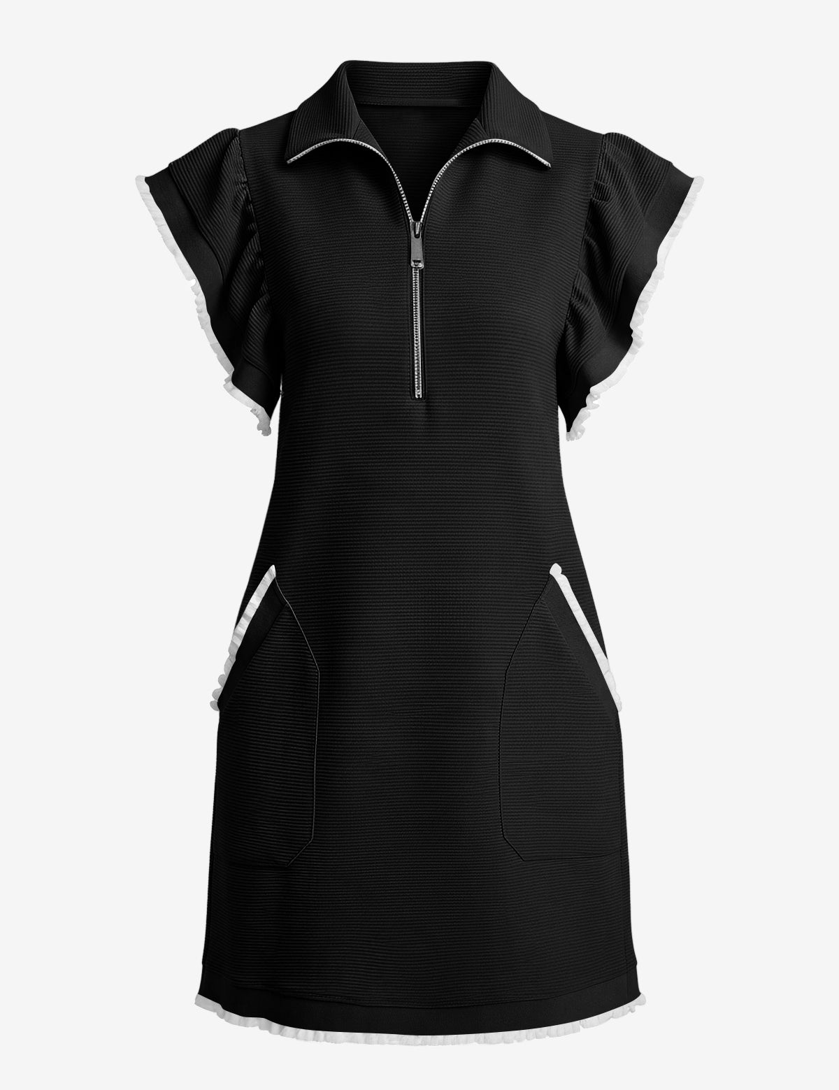 CicyBell Women's Black Ruffle Cap Sleeve Dress featuring a trendy zipper V-neck and a casual mini silhouette. This sporty sweatshirt-style dress offers an oversized, breezy look perfect for summer vacations or errands.