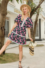 Womens Black V Neck Floral Mini Dress | CicyBell