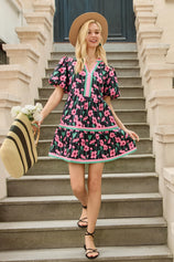 Womens Black V Neck Floral Mini Dress | CicyBell