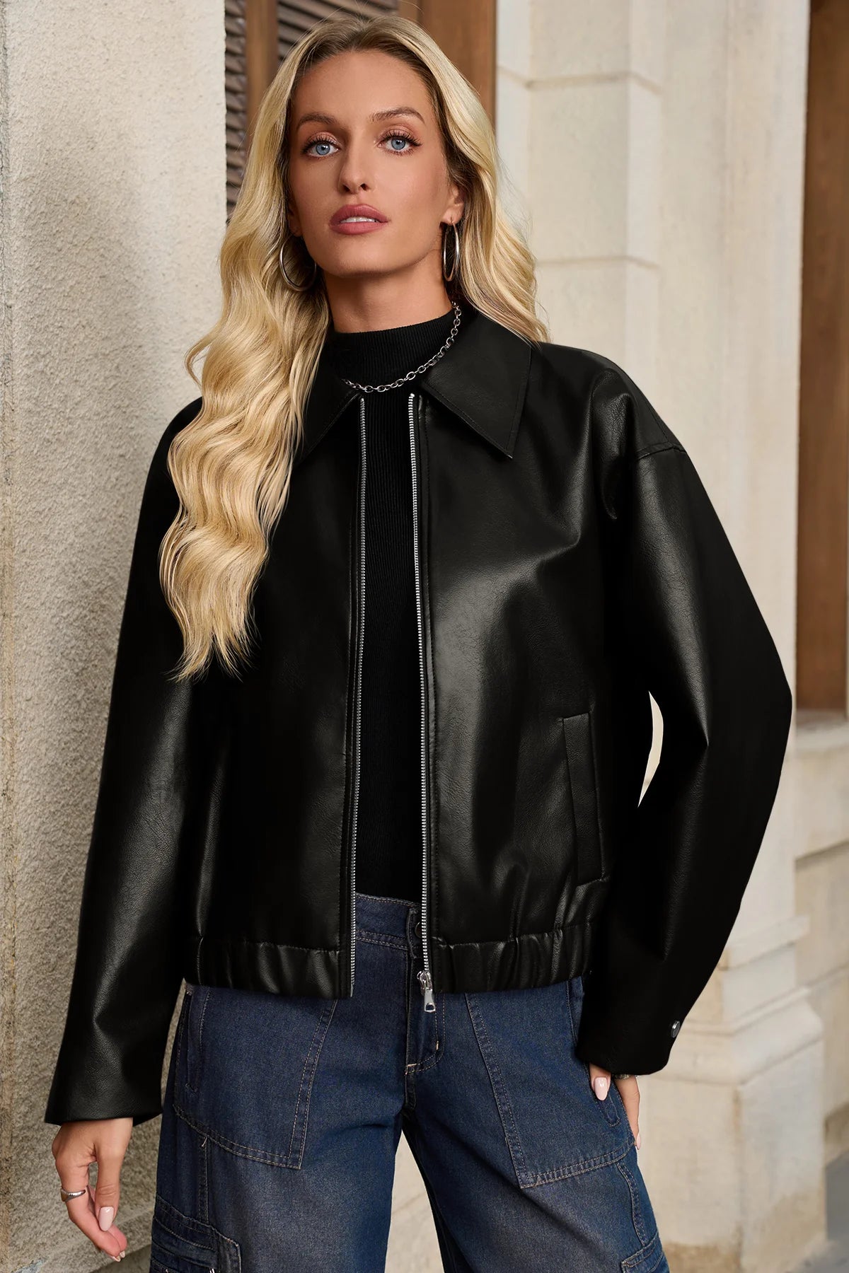 Cicy Bell Womens Black Faux Leather Jacket