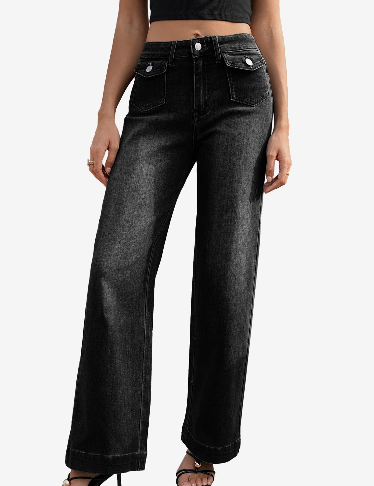 CicyBell Women's Black Wide Leg Jeans with a high-rise waist and vintage-cool baggy fit. These stretchy pull-on denim pants feature curve-contouring comfort and stylish decorative front pockets, perfect for a versatile all-season look.