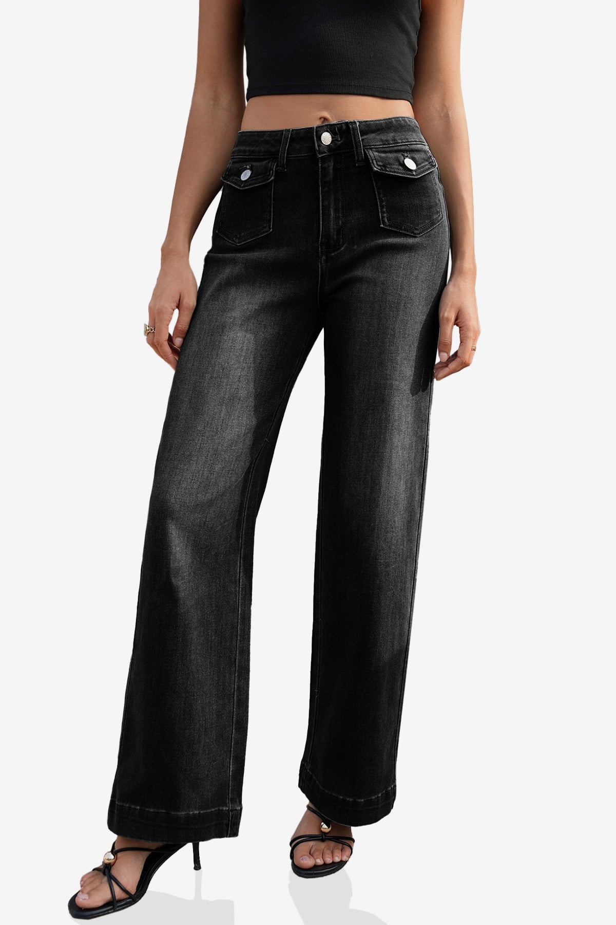CicyBell Women's Black Wide Leg Jeans with a high-rise waist and vintage-cool baggy fit. These stretchy pull-on denim pants feature curve-contouring comfort and stylish decorative front pockets, perfect for a versatile all-season look.