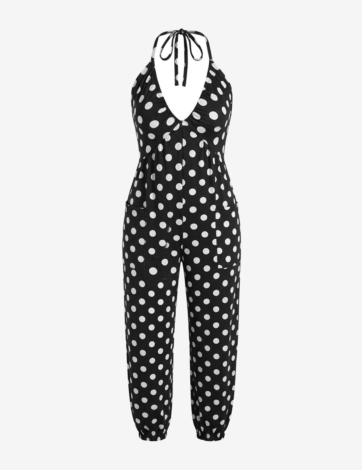 A bold and vibrant Cicy Bell halter neck jumpsuit in a breezy, lightweight fabric. Highlights the flattering plunging V-neckline and relaxed jogger silhouette, designed as a "one-and-done" vacation essential for beachside brunches or sunset parties.