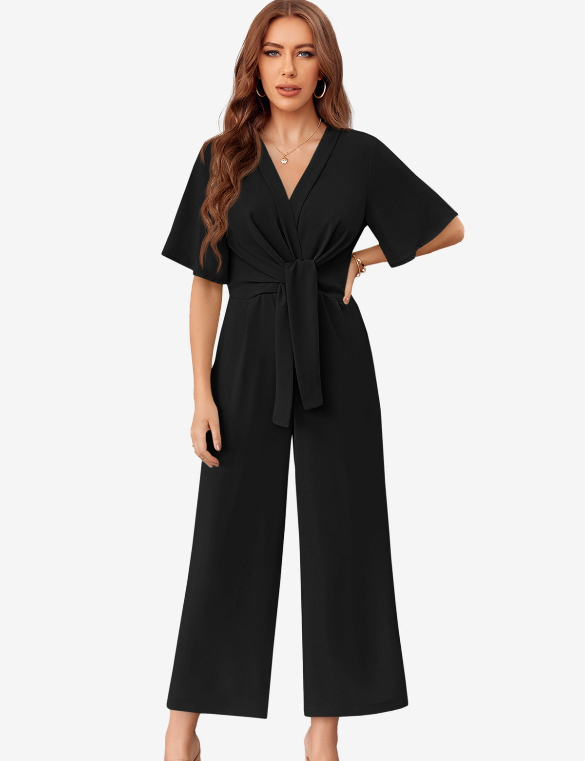 CicyBell Women's Black Wide-Leg Romper featuring an elegant tie-knot front and flowy flutter sleeves. This chiffon-feel one-piece outfit offers a flattering V-neckline and elastic waist, perfect for beach weddings or office wear.