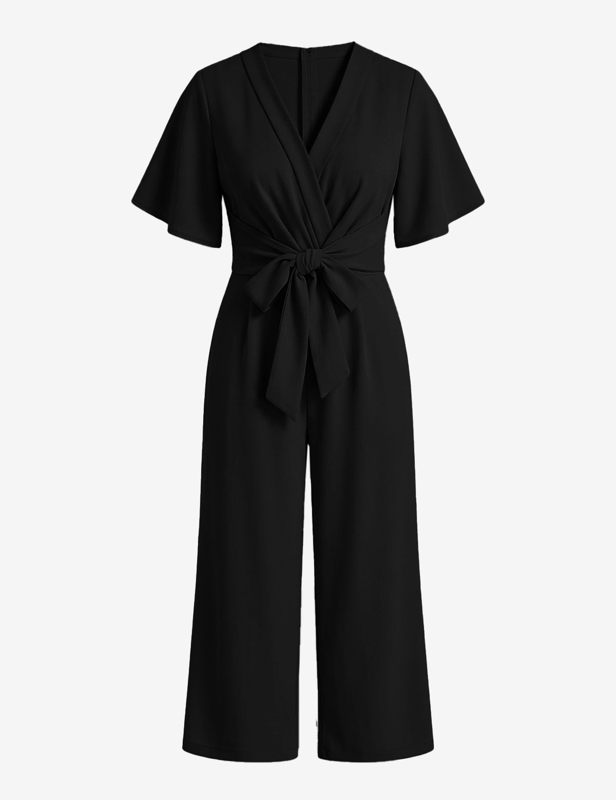 CicyBell Women's Black Wide-Leg Romper featuring an elegant tie-knot front and flowy flutter sleeves. This chiffon-feel one-piece outfit offers a flattering V-neckline and elastic waist, perfect for beach weddings or office wear.