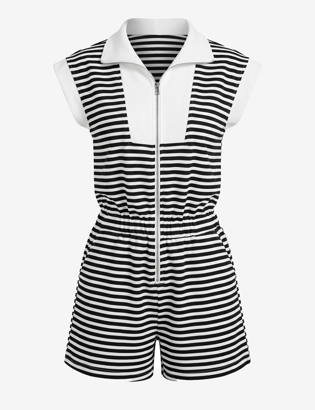 CicyBell Women's Striped Romper featuring a functional zip-up lapel and a flattering elastic waist. This sporty-chic one-piece summer outfit includes cap sleeves and deep side pockets, perfect for a tennis match or seaside brunch.