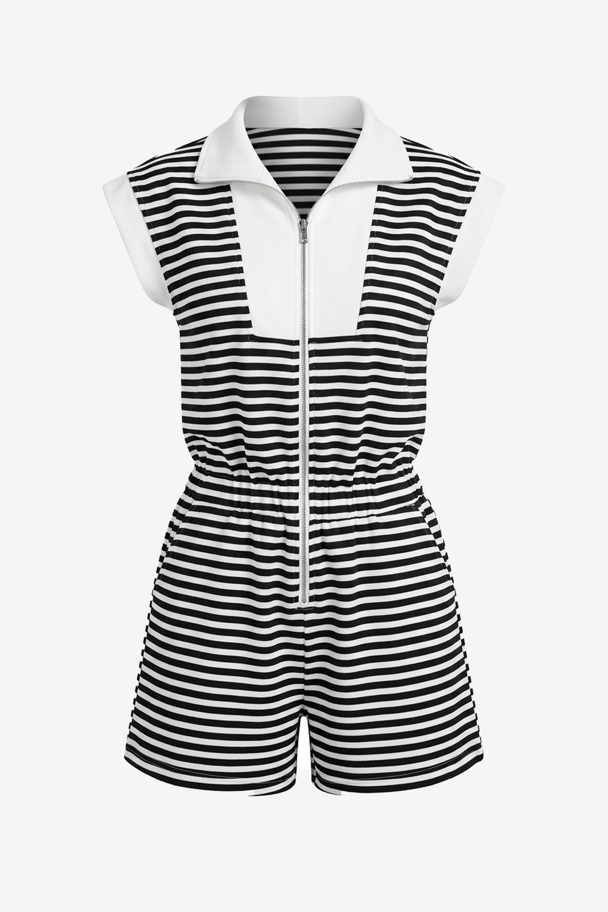 CicyBell Women's Striped Romper featuring a functional zip-up lapel and a flattering elastic waist. This sporty-chic one-piece summer outfit includes cap sleeves and deep side pockets, perfect for a tennis match or seaside brunch.