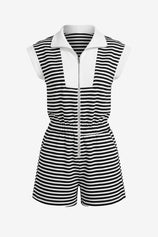 CicyBell Women's Striped Romper featuring a functional zip-up lapel and a flattering elastic waist. This sporty-chic one-piece summer outfit includes cap sleeves and deep side pockets, perfect for a tennis match or seaside brunch.