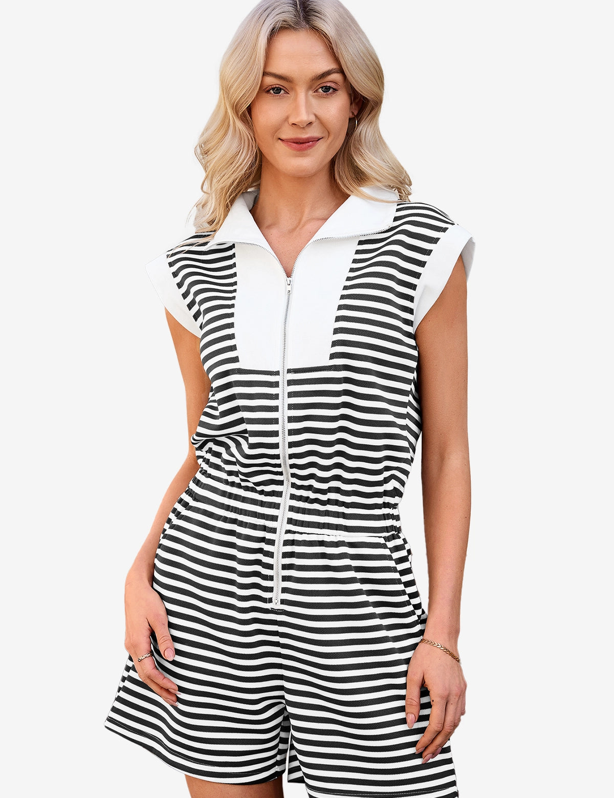 CicyBell Women's Striped Romper featuring a functional zip-up lapel and a flattering elastic waist. This sporty-chic one-piece summer outfit includes cap sleeves and deep side pockets, perfect for a tennis match or seaside brunch.