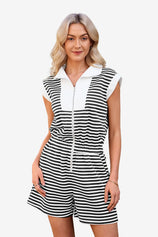 CicyBell Women's Striped Romper featuring a functional zip-up lapel and a flattering elastic waist. This sporty-chic one-piece summer outfit includes cap sleeves and deep side pockets, perfect for a tennis match or seaside brunch.