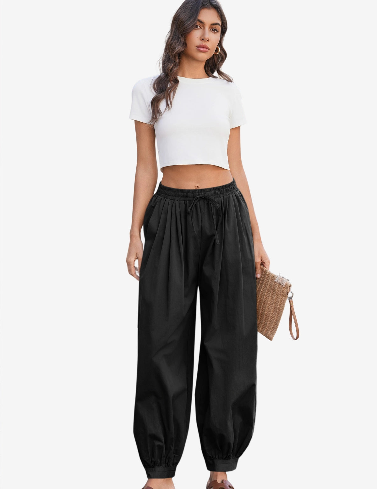 Cicy Bell Women's 100% Cotton Harem Pants featuring a trendy balloon silhouette and a flattering high-waisted fit. These breathable boho-chic trousers include an adjustable drawstring waist and tapered ankles for festivals or lounging.