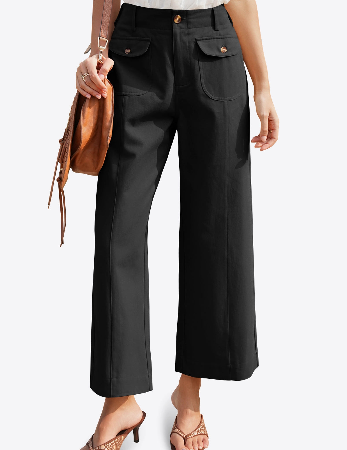 Cicy Bell Women's Cropped Wide Leg Pants featuring a unique central seam and functional square patch pockets. These 100% cotton non-denim trousers offer a tailored, relaxed silhouette for a polished office or weekend look.