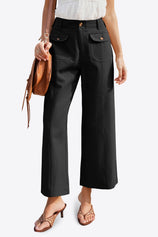 Cicy Bell Women's Cropped Wide Leg Pants featuring a unique central seam and functional square patch pockets. These 100% cotton non-denim trousers offer a tailored, relaxed silhouette for a polished office or weekend look.
