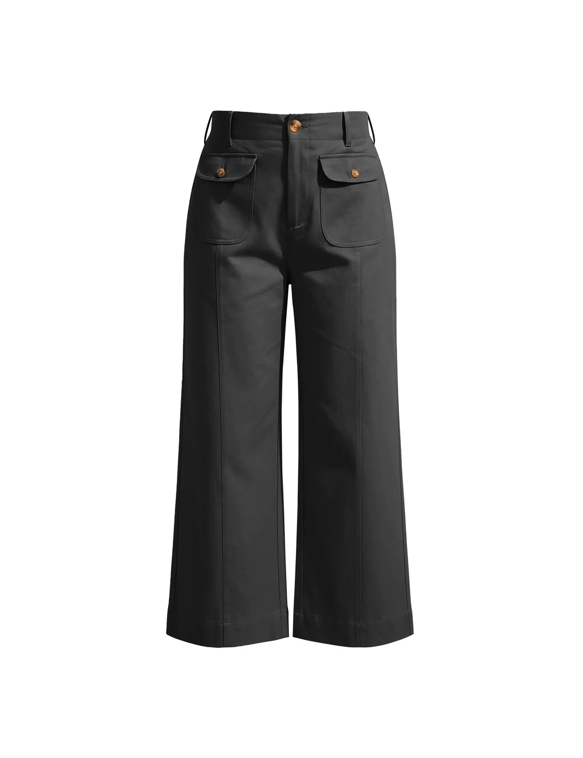 Cicy Bell Women's Cropped Wide Leg Pants featuring a unique central seam and functional square patch pockets. These 100% cotton non-denim trousers offer a tailored, relaxed silhouette for a polished office or weekend look.