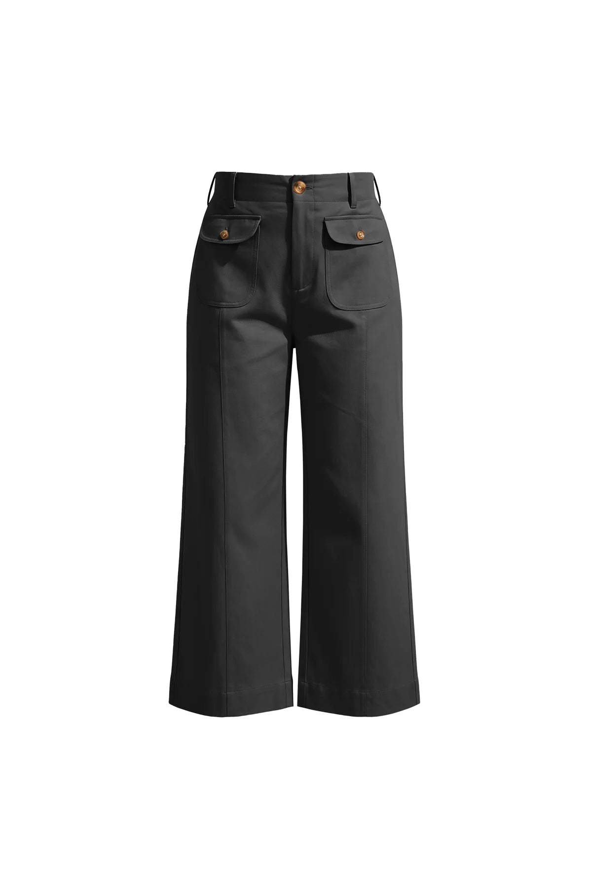 Cicy Bell Women's Cropped Wide Leg Pants featuring a unique central seam and functional square patch pockets. These 100% cotton non-denim trousers offer a tailored, relaxed silhouette for a polished office or weekend look.