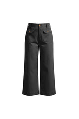 Cicy Bell Women's Cropped Wide Leg Pants featuring a unique central seam and functional square patch pockets. These 100% cotton non-denim trousers offer a tailored, relaxed silhouette for a polished office or weekend look.