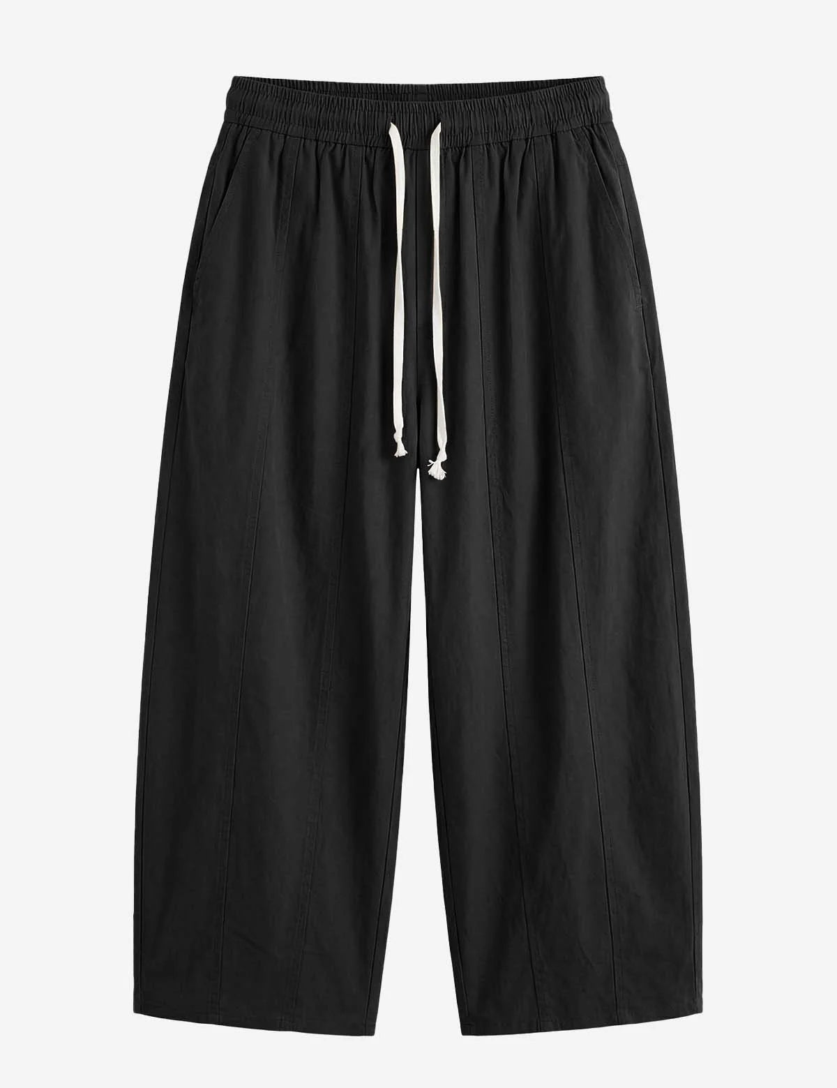 Cicy Bell Women's Barrel Pants featuring a trendy baggy fit and unique vertical seam details. These breathable cotton trousers include an adjustable drawstring waist and a relaxed "horseshoe" silhouette for an effortless street style look.