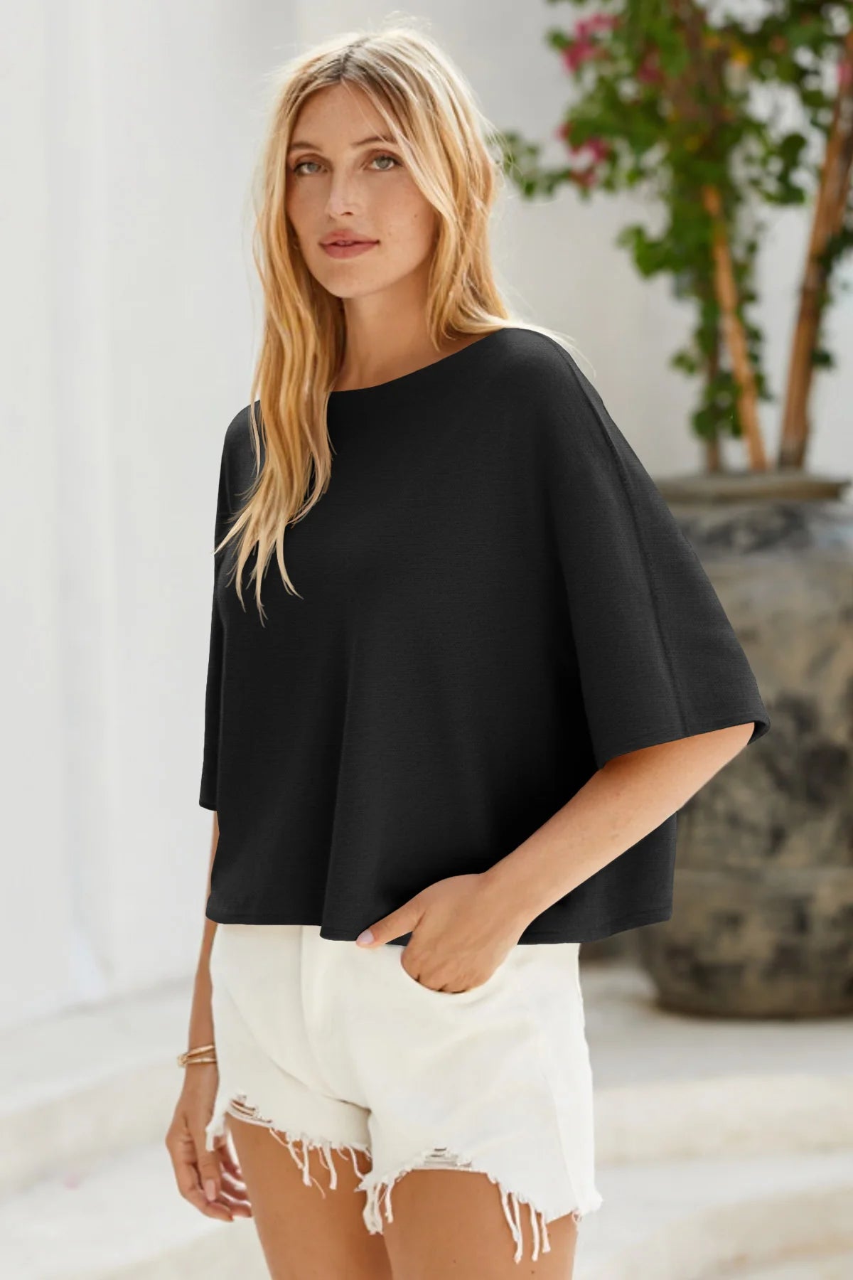 Cicy Bell Womens Black Half Sleeve Sweaters