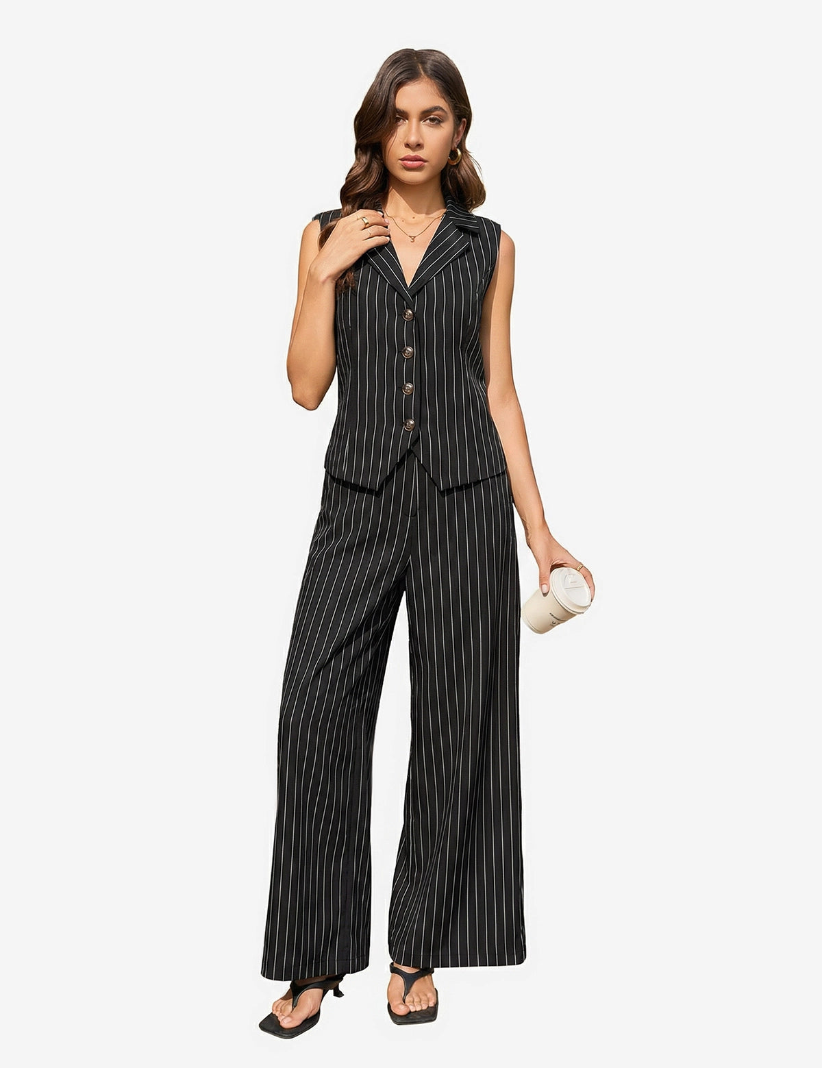 Cicy Bell Women's 2-Piece Pinstripe Vest Set featuring a tailored button-down vest with an adjustable back tie and high-waisted wide-leg pants. This sophisticated pinstripe power suit offers a flattering elongating silhouette for office meetings.
