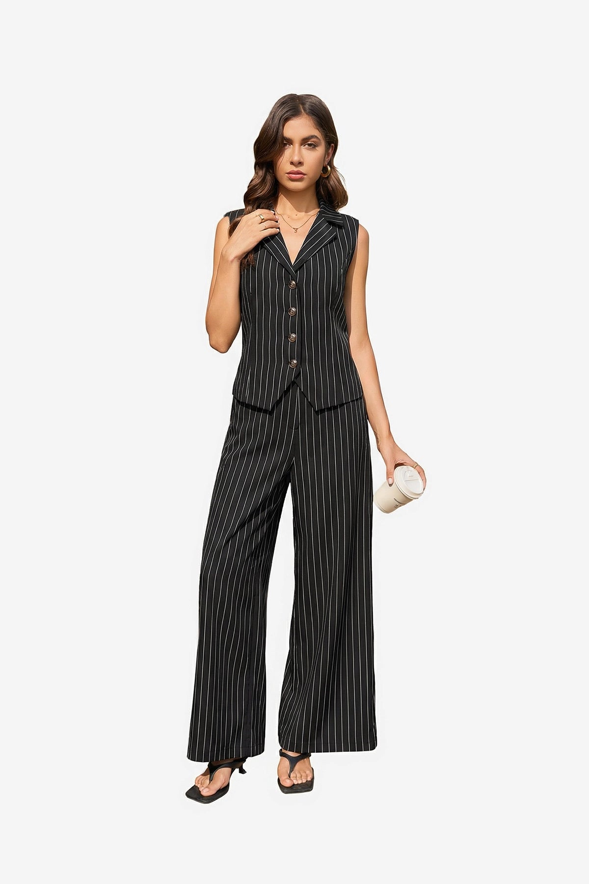 Cicy Bell Women's 2-Piece Pinstripe Vest Set featuring a tailored button-down vest with an adjustable back tie and high-waisted wide-leg pants. This sophisticated pinstripe power suit offers a flattering elongating silhouette for office meetings.