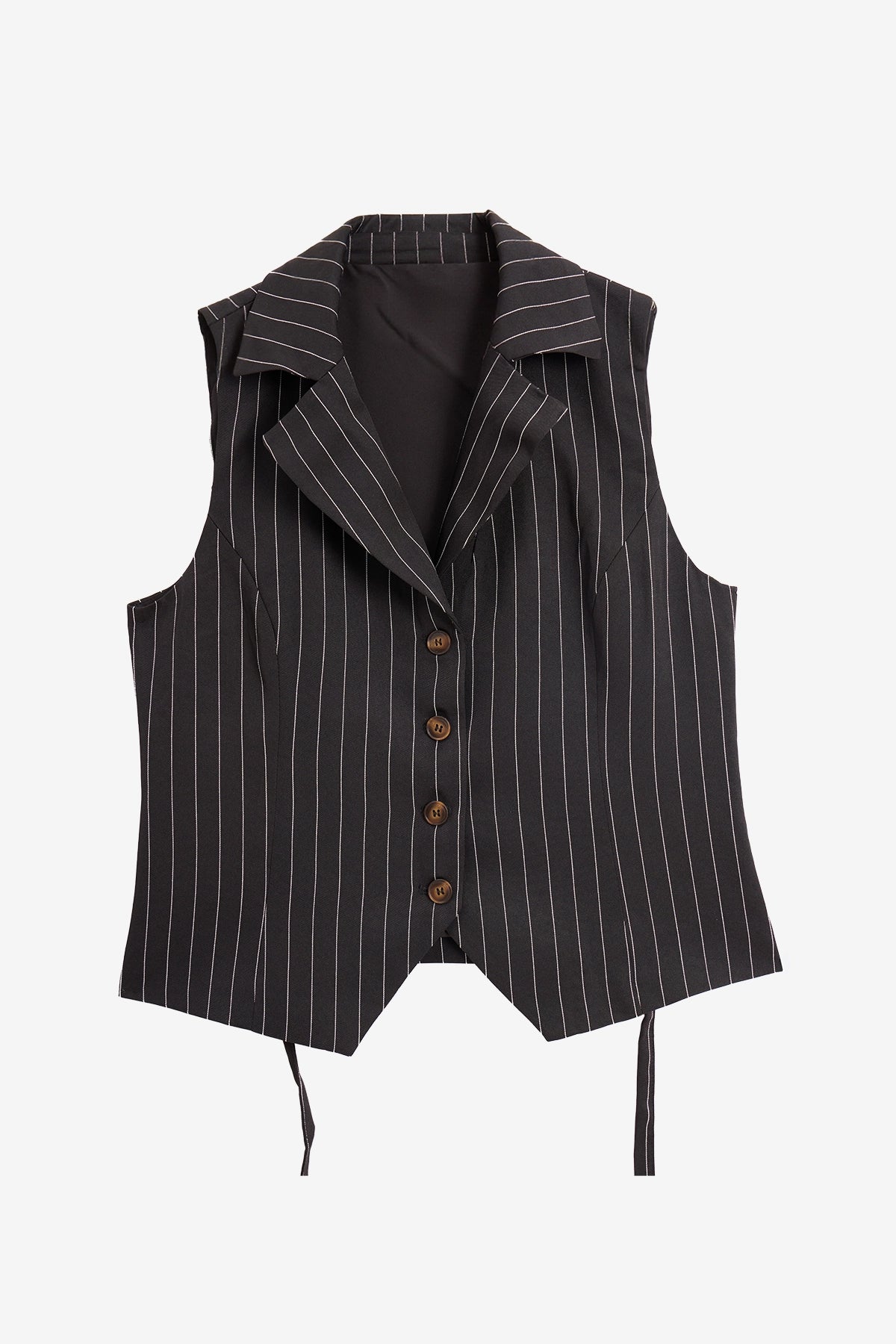 Cicy Bell Women's 2-Piece Pinstripe Vest Set featuring a tailored button-down vest with an adjustable back tie and high-waisted wide-leg pants. This sophisticated pinstripe power suit offers a flattering elongating silhouette for office meetings.