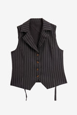 Cicy Bell Women's 2-Piece Pinstripe Vest Set featuring a tailored button-down vest with an adjustable back tie and high-waisted wide-leg pants. This sophisticated pinstripe power suit offers a flattering elongating silhouette for office meetings.