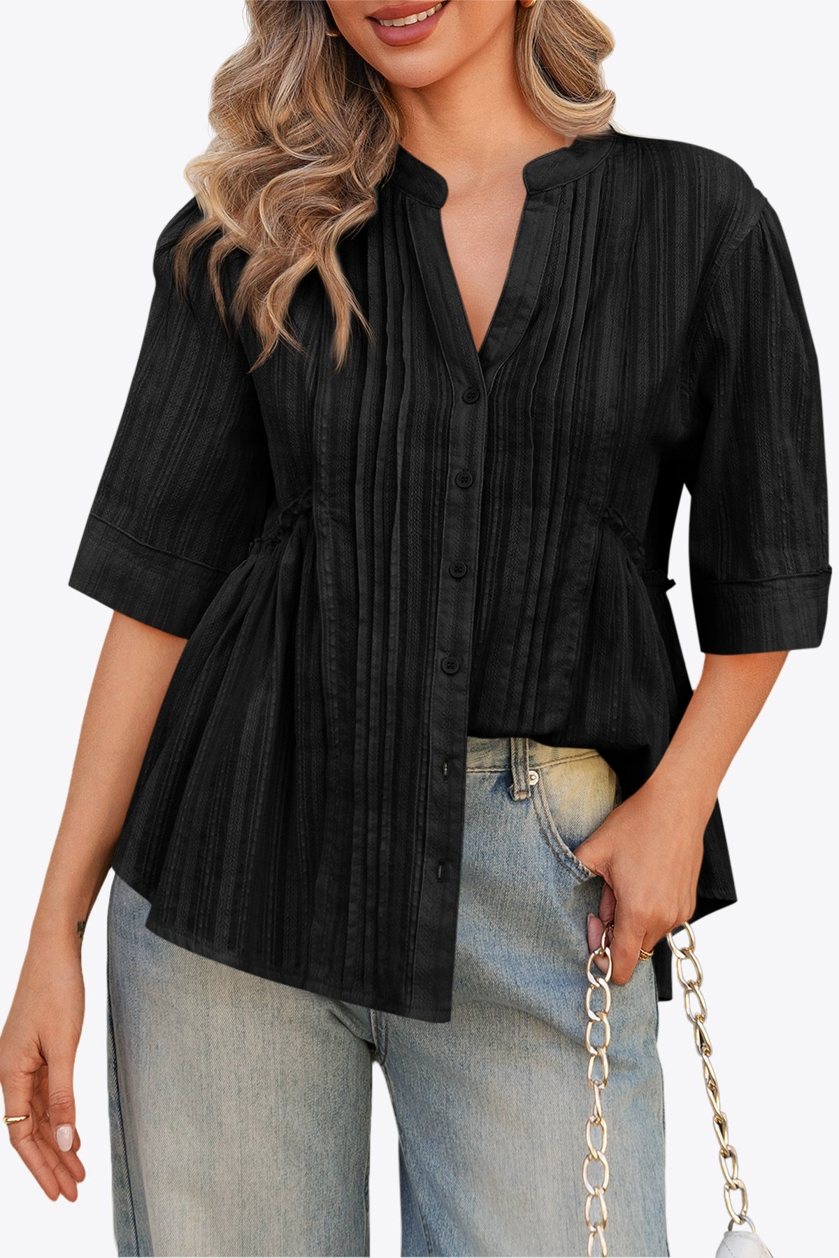 Womens Black Peplum Button Down Shirts | CicyBell