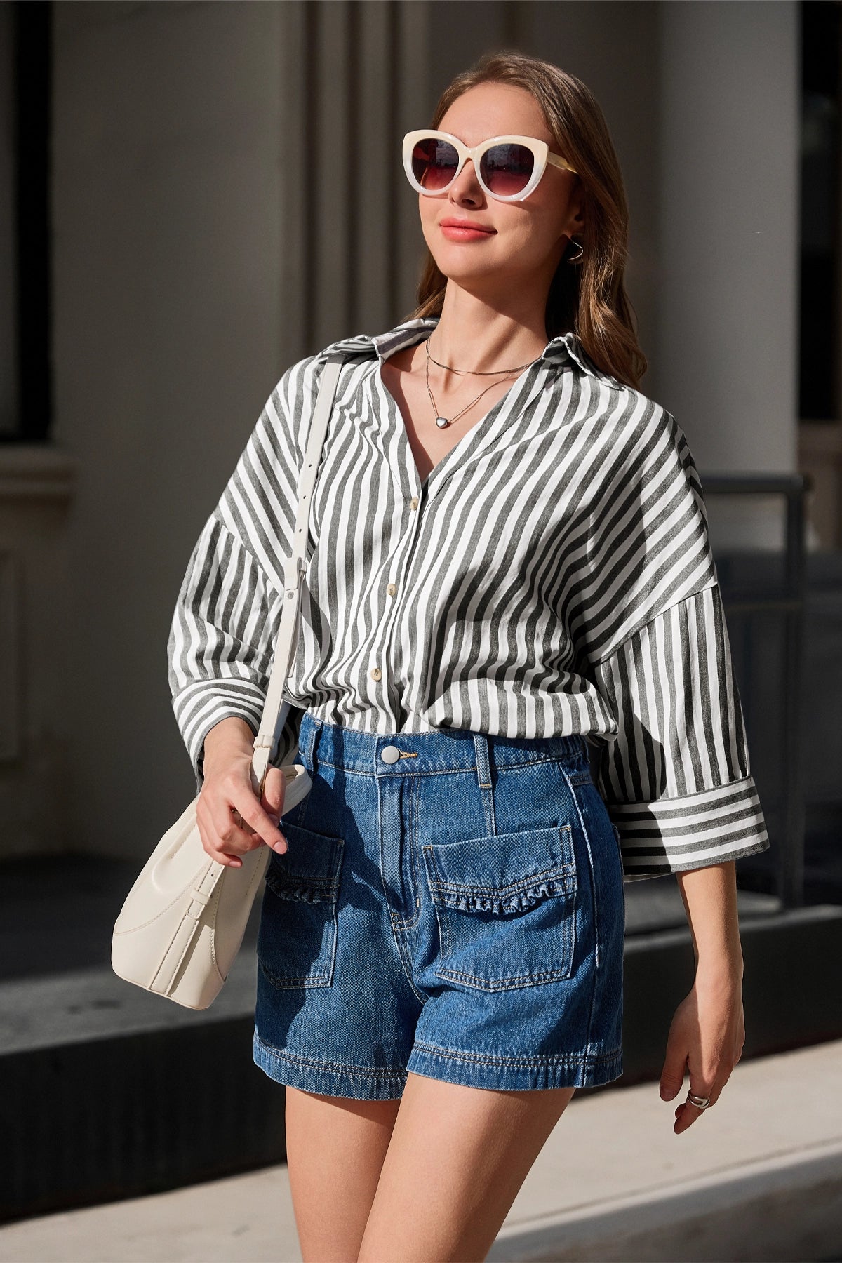 Womens Black 3/4 Bell Sleeve Button Down Shirts | CicyBell
