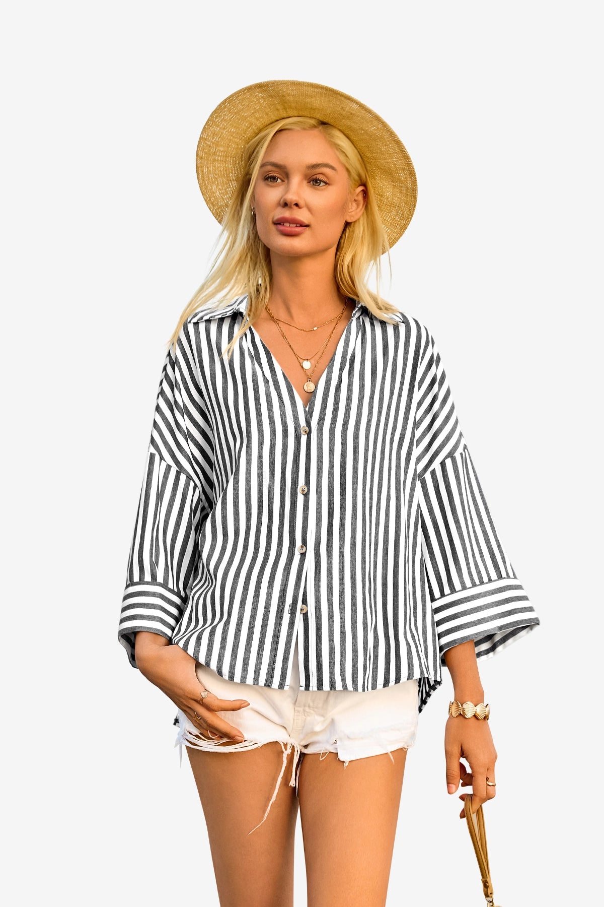Womens Black 3/4 Bell Sleeve Button Down Shirts | CicyBell