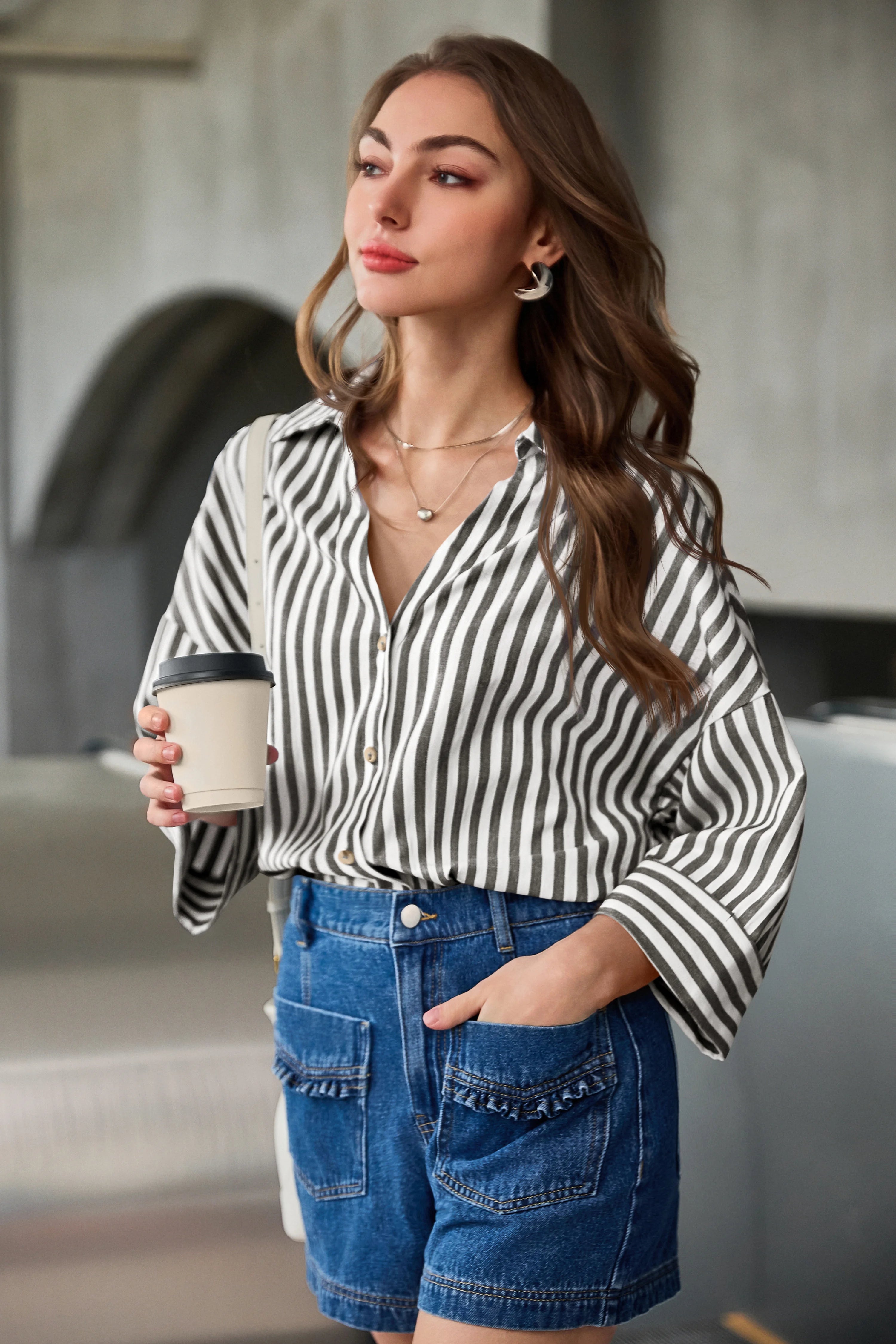 Womens Black 3/4 Bell Sleeve Button Down Shirts | CicyBell