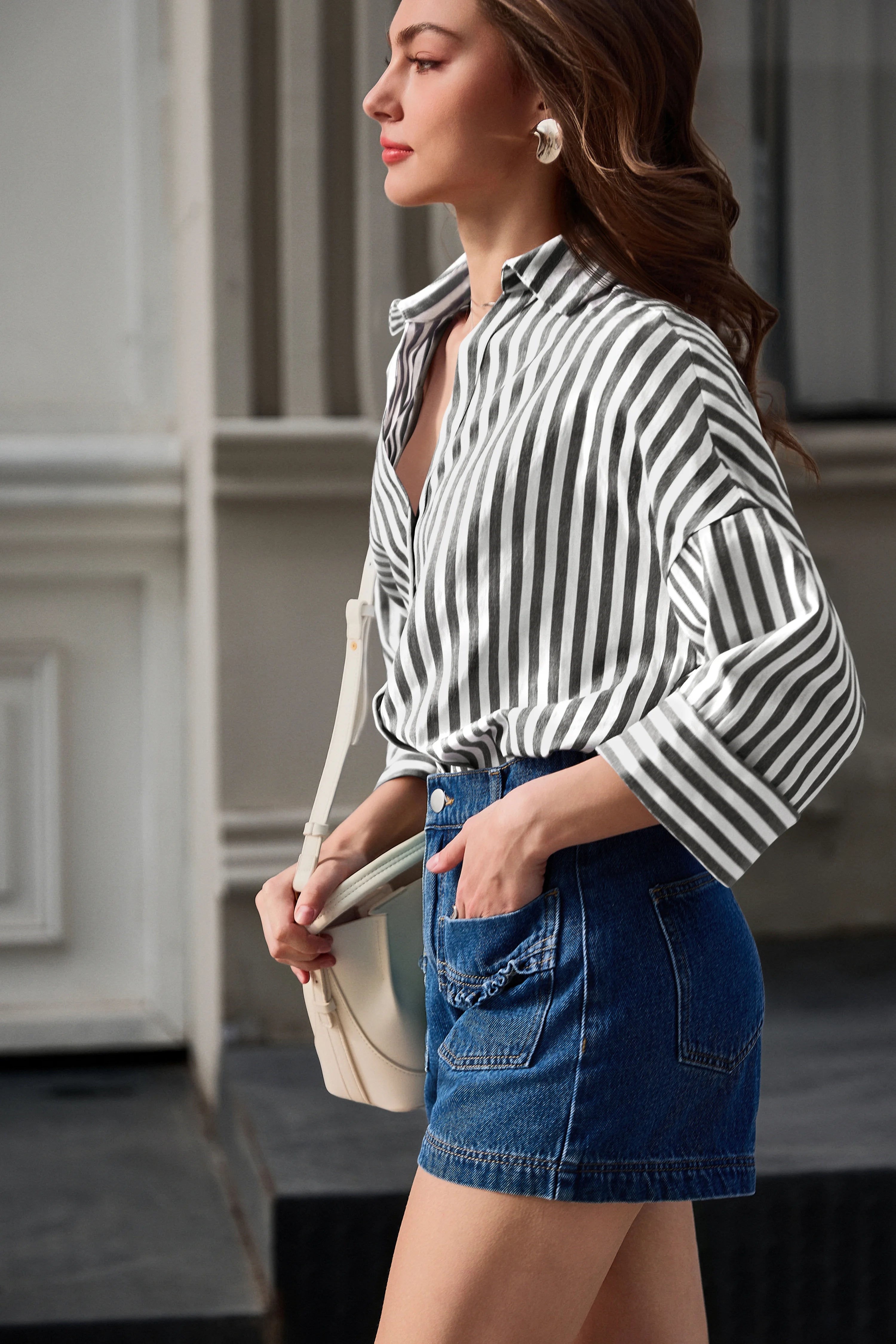 Womens Black 3/4 Bell Sleeve Button Down Shirts | CicyBell