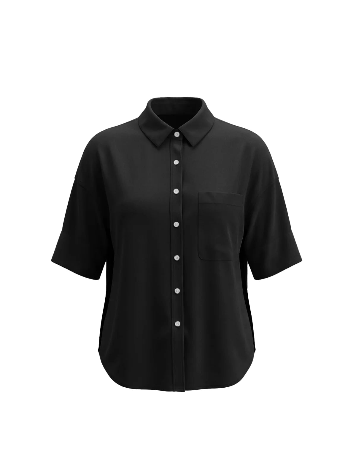 Front view of CicyBell Womens Black Oversized Button Down Shirt on a white background. Featuring a high-low curved hem, side splits, and a single chest pocket for a contemporary oversized silhouette.