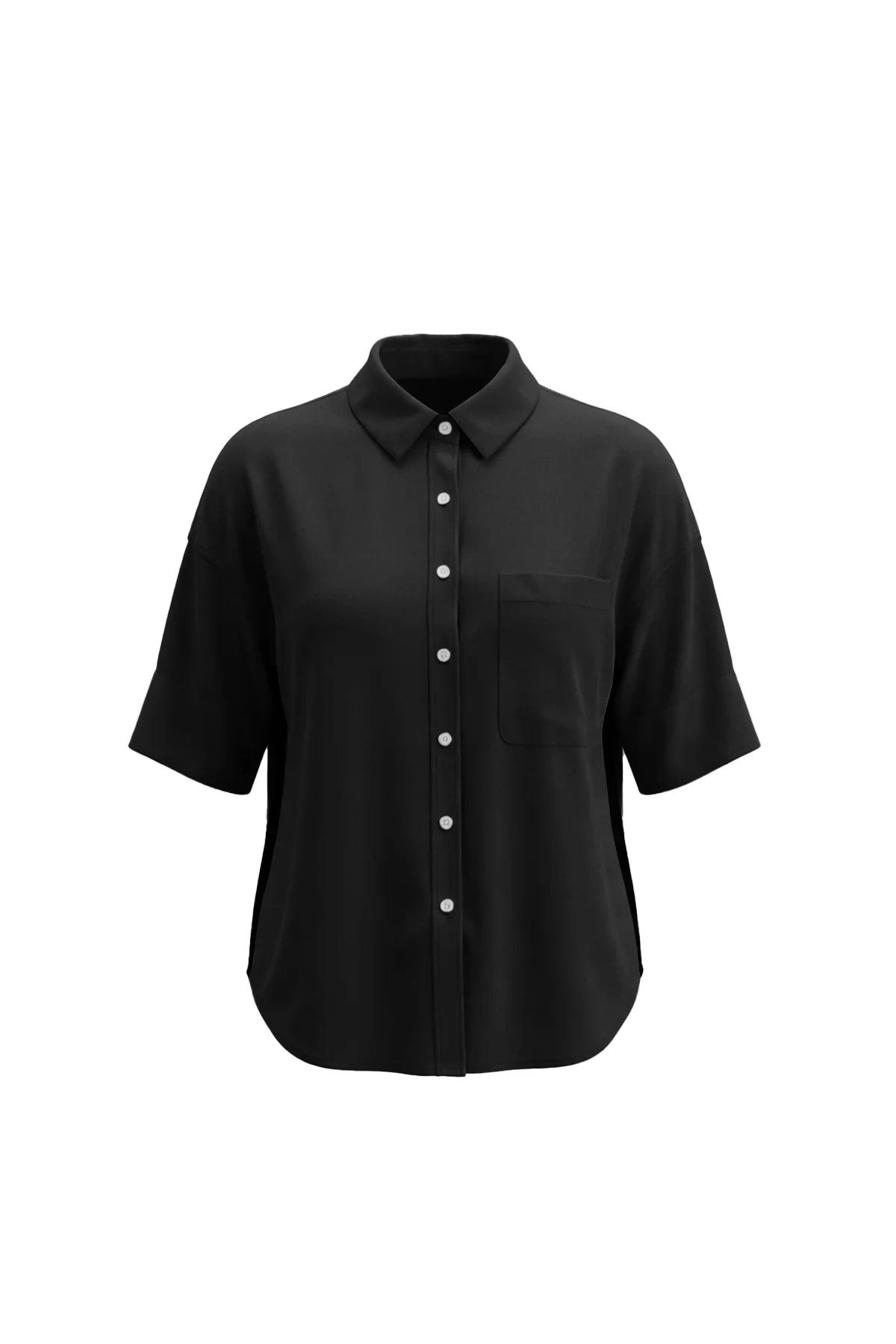 Front view of CicyBell Womens Black Oversized Button Down Shirt on a white background. Featuring a high-low curved hem, side splits, and a single chest pocket for a contemporary oversized silhouette.