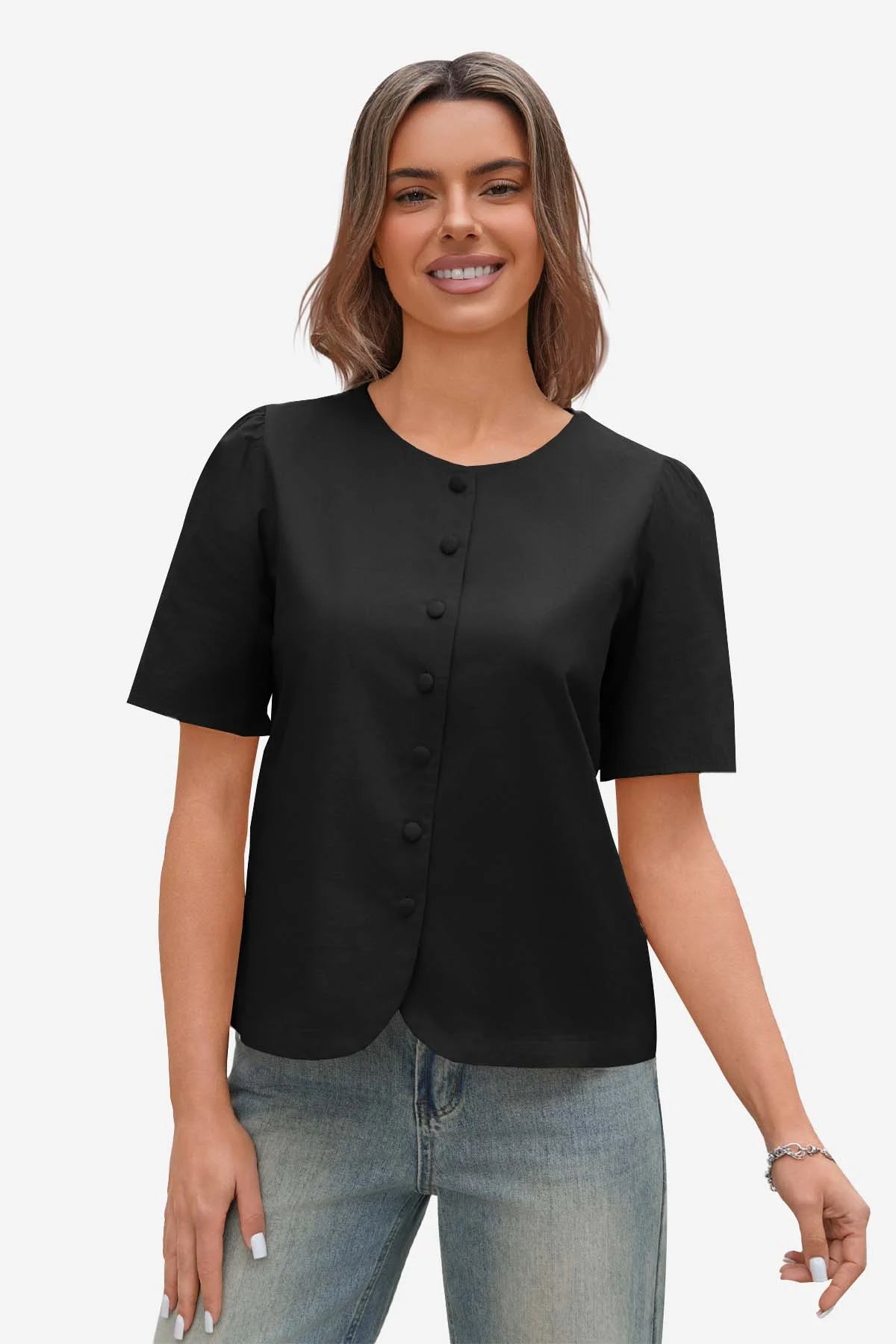 Womens Black Short Button Down Puff Sleeve | CicyBell