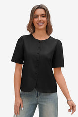 Womens Black Short Button Down Puff Sleeve | CicyBell