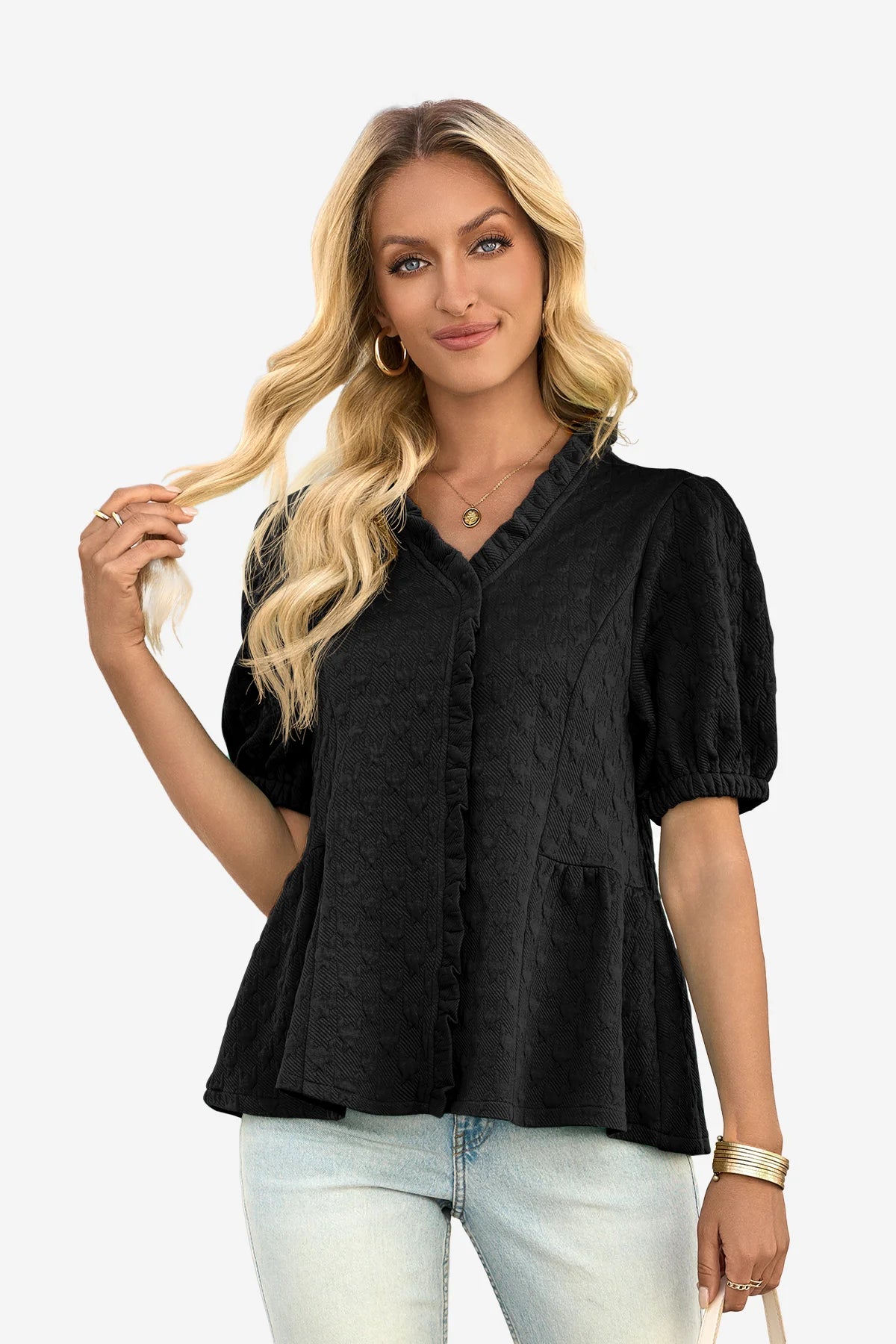 Wrinkle-Free Black Peplum Blouse Textured Stretch | CicyBell