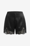 Cicy Bell Women's Satin Silk Lace Shorts featuring delicate lace trim at the hem and a comfortable elastic waistband. These buttery-soft satin lounge shorts offer a smooth, no-pocket silhouette for sleeping or relaxing at home.