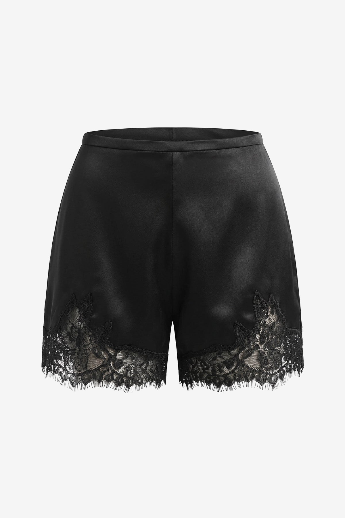 Cicy Bell Women's Satin Silk Lace Shorts featuring delicate lace trim at the hem and a comfortable elastic waistband. These buttery-soft satin lounge shorts offer a smooth, no-pocket silhouette for sleeping or relaxing at home.
