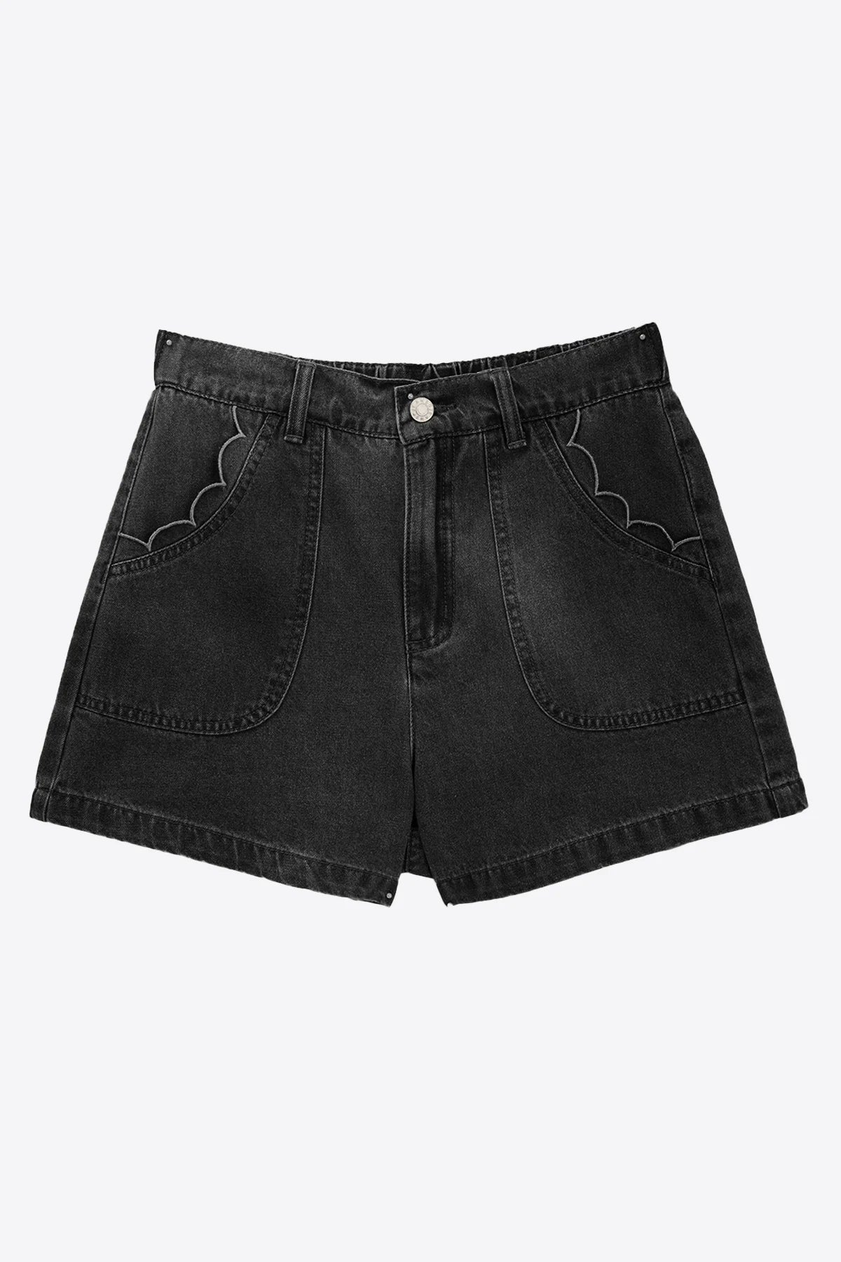CicyBell Women's Baggy High-Waisted Jorts featuring a breezy wide-leg cut and unique oversized scalloped front pockets. These light blue denim shorts offer an effortless "cool girl" vibe with a comfortable elastic waistband for summer.