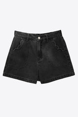 CicyBell Women's Baggy High-Waisted Jorts featuring a breezy wide-leg cut and unique oversized scalloped front pockets. These light blue denim shorts offer an effortless "cool girl" vibe with a comfortable elastic waistband for summer.