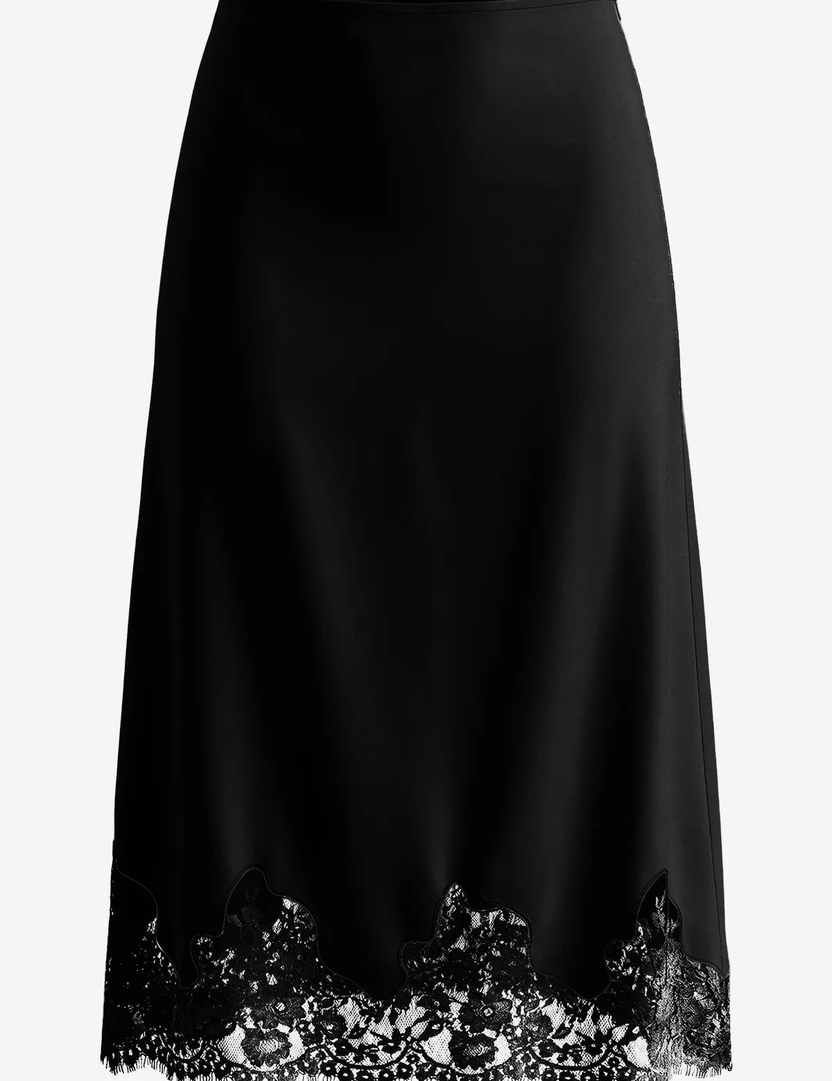 CicyBell Women's Black Satin Midi Skirt featuring a romantic lace hem and an elegant mermaid silhouette. This high-waisted A-line skirt offers a lustrous, high-end finish perfect for the office or a sophisticated date night.