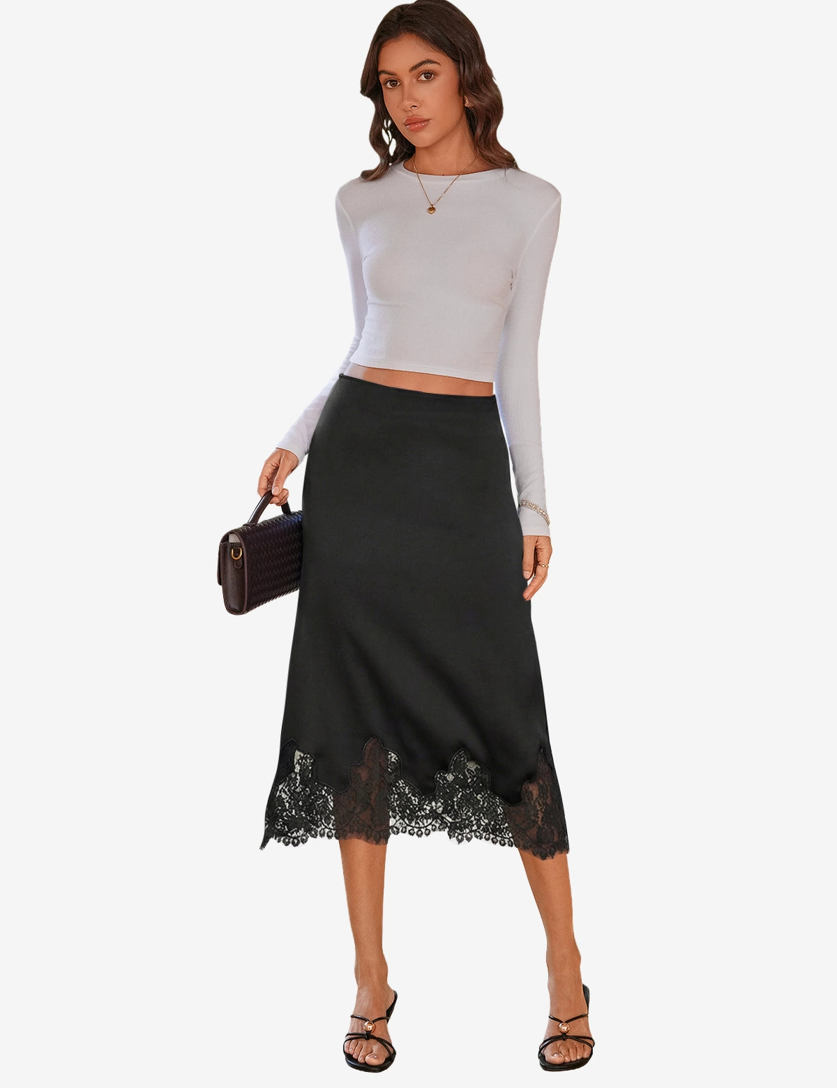 CicyBell Women's Black Satin Midi Skirt featuring a romantic lace hem and an elegant mermaid silhouette. This high-waisted A-line skirt offers a lustrous, high-end finish perfect for the office or a sophisticated date night.