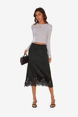 CicyBell Women's Black Satin Midi Skirt featuring a romantic lace hem and an elegant mermaid silhouette. This high-waisted A-line skirt offers a lustrous, high-end finish perfect for the office or a sophisticated date night.