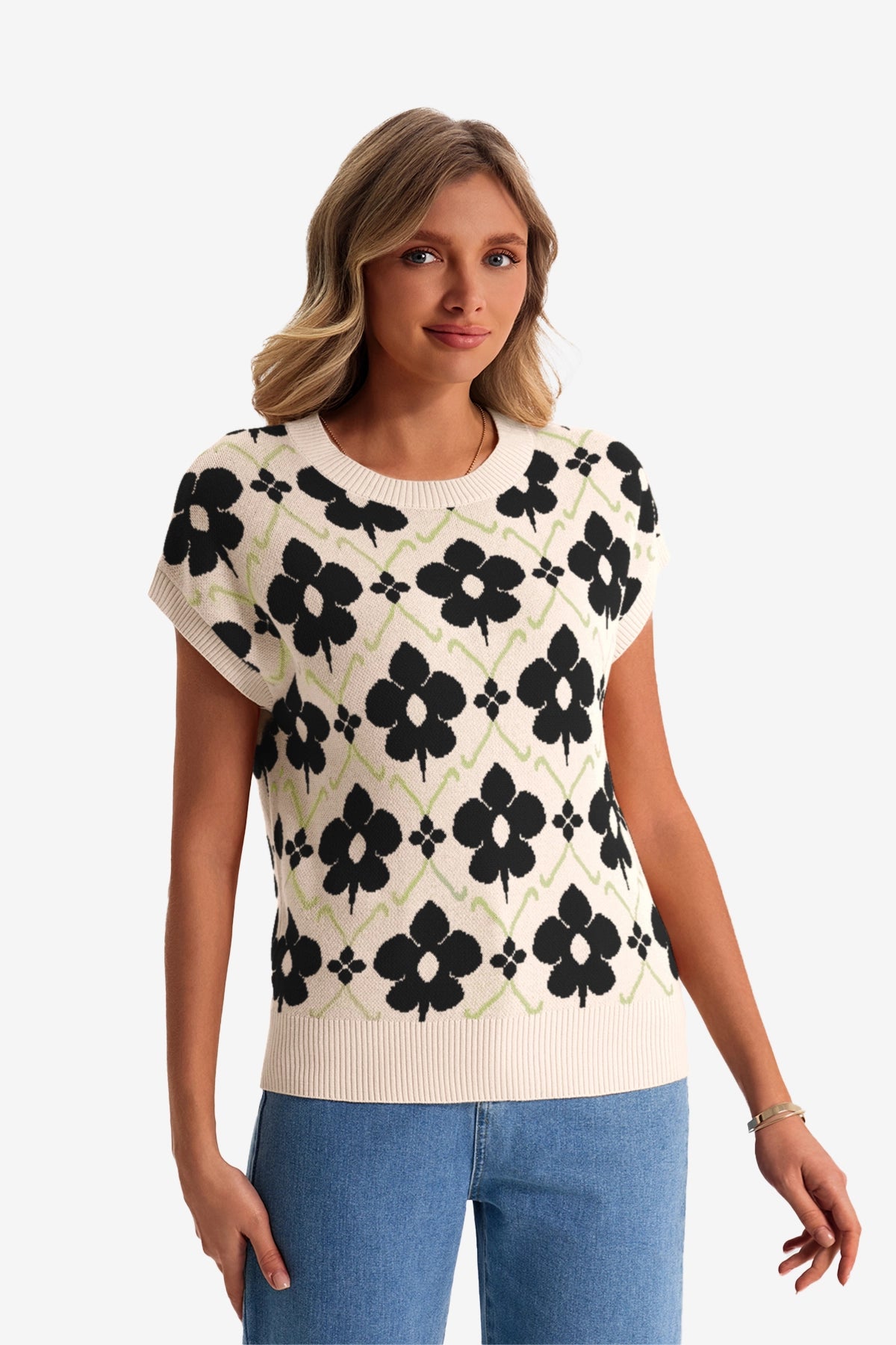 Womens Black Floral Cap Sleeve Sweater Tops | CicyBell