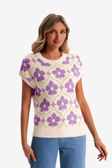 Womens Lavender Floral Cap Sleeve Sweater Tops | CicyBell